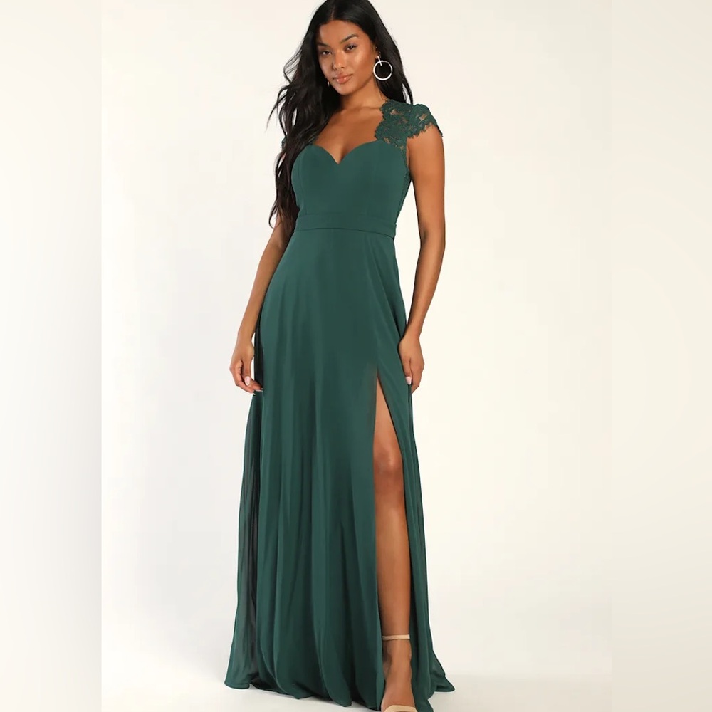 Momentous Moments Dark Green Lace Backless Maxi Dress